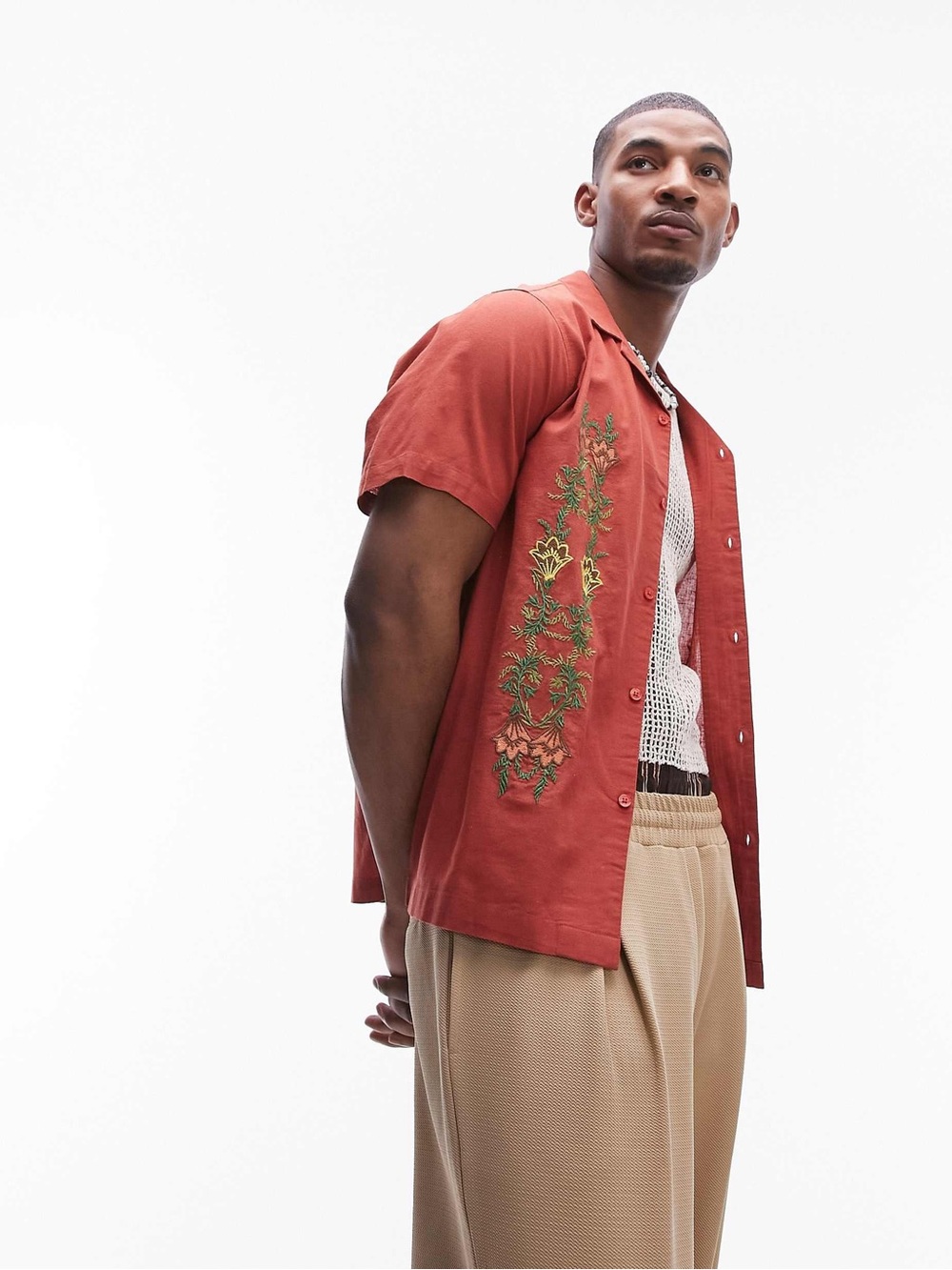 Topman Men’s Linen Blend Relaxed Embroidered Short-Sleeve Shirt - Rust, L